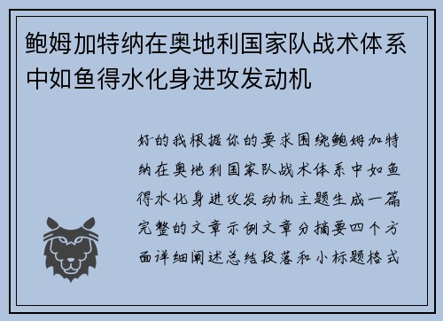 鲍姆加特纳在奥地利国家队战术体系中如鱼得水化身进攻发动机 鲍姆加特纳在奥地利国家队战术体系中如鱼得水化身进攻发动机